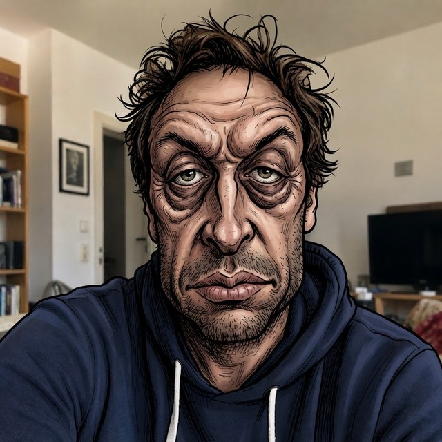 Dasselbe Gesicht als Karikatur, mit KI gezeichnet